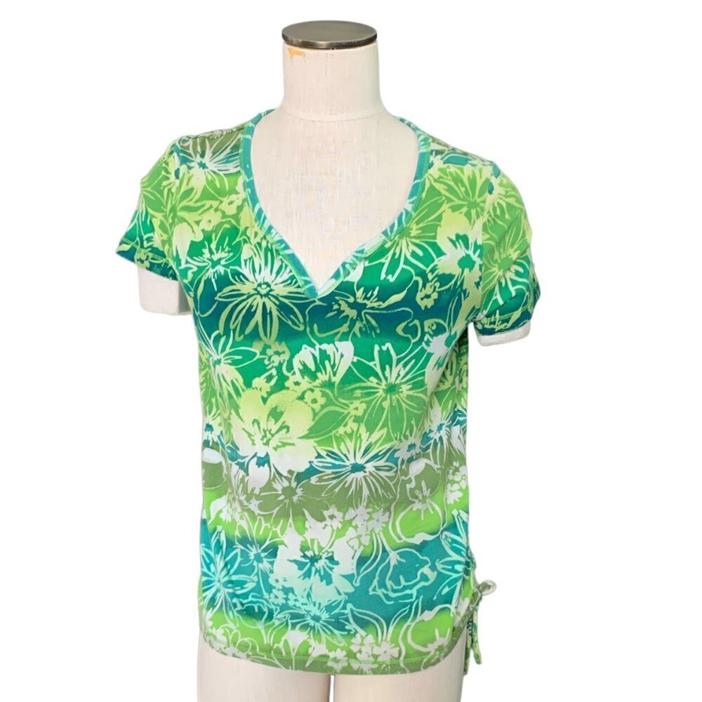 Caribbean Joe Tropical Floral Dip-Dye V-Neck Top Ruched PM Green 74K